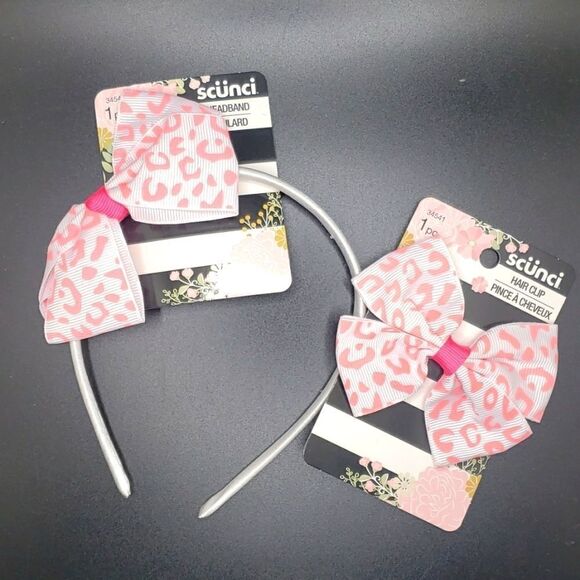 Scunci white headband with animal print bow hair clip bundle NWT - Picture 1 of 2